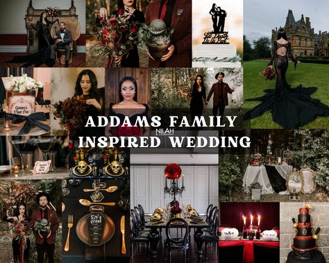 Calling all gothic brides! Consider incorporating "Addams Family" elements into your dark and moody themed wedding. This inspiration board is full of "spooktacular" ideas to incoporate into your special day. 🕷️🤍 The Addams Family Wedding Theme, Wednesday Addams Wedding, Addams Family Wedding Theme, Adams Family Wedding, Addams Family Themed Wedding, Addams Family Wedding, Gomez Addams Family, Horror Wedding, Morticia And Gomez Addams