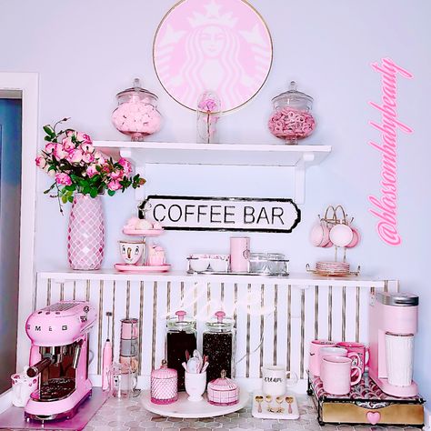 Pink Coffee Station Ideas, Nail Salon Coffee Station, Pink Nail Salon Aesthetic, Pink Coffee Station, Pink Coffee Bar Decor, Girly Coffee Bar, Pink Keurig Coffee Station, Pink Coffee Bar Ideas, Pink Coffee Aesthetic