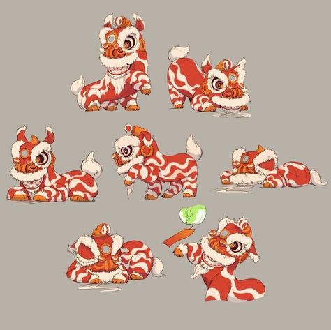 Lion Dance Illustration, Zodiac Magic, Lion Character, Animal Concept, Lion Dragon, Chinese Lion Dance, Chinese Lion, Chinese New Year Dragon, Lion Illustration