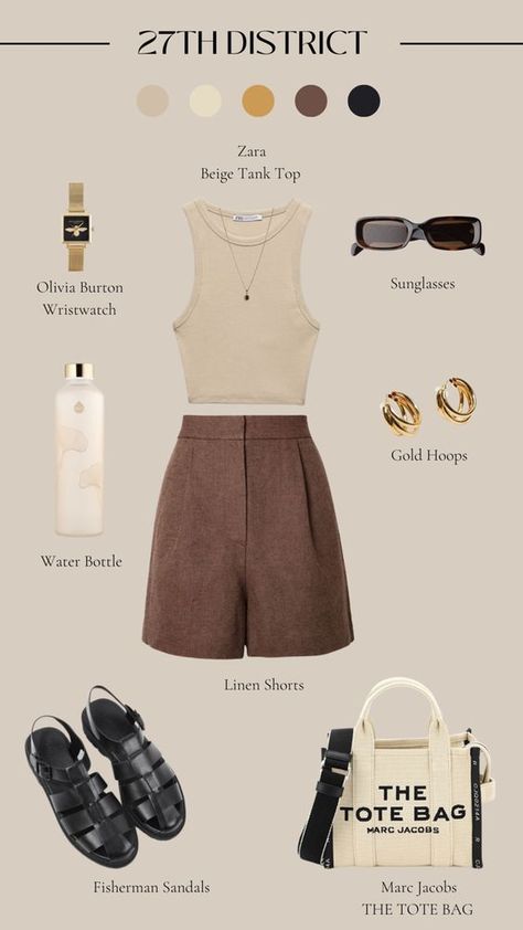 Beige Tank Top And Linen Shorts Outfit. #capsulewardrobe #summeroutfit #outfitidea #springoutfit, https://www.theworldaccordingtome.org/shopping/1729509_summer-outfit-inspiration-20-chic-looks-to-slay-the-season/?outfitidea Minimalist Shorts Outfit, Work Outfit With Shorts, Brown Tailored Shorts Outfit, Beige Tops Outfit, Shopping Day Outfit Summer Casual, Pleated Shorts Outfit Summer, Tailored Summer Outfits, Tailored Shorts Outfit Summer, Business Shorts Outfit