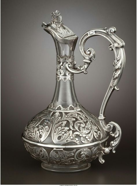 A FRENCH GLASS PITCHER WITH SILVER OVERLAY Veyrat, Paris, France, circa 1880 Marks: VEYRAT, (Minerva head), A 9-1/2 inches high (24.1 cm) 25.9 ounces (gross). Arte Pin Up, Art Nouveau Silver, French Glass, Silver Teapot, Crystal Decanter, Glass Pitcher, Antique Vase, Metal Engraving, Glass Pitchers