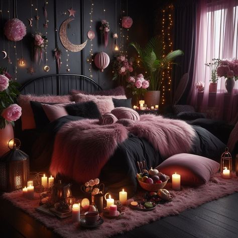 Bedroom Getaway Ideas, Pink Witchy Bedroom, Moody Glam Bedroom, Serene Room, Dark Romantic Bedroom, Dark Feminine Bedroom, Gothic Bedroom Ideas, Black Living Room Decor, Black Bedroom Decor