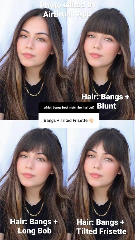 Vintage Bangs Long Hair, Full Front Bangs, Tilted Frisette Bangs, Crescent Bangs, Bangs Long Bob, Full Bangs Long Hair, Hair Bangs Long, Long Bob Hair, Vintage Bangs