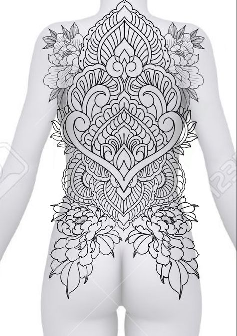 Full Back Tattoo Mandala, Full Back Ornamental Tattoo, Tattoo Back Ideas, Mandala Back Piece, Full Back Tattoo Ideas, Ornamental Tattoo Back, Ornamental Back Piece, Ornamental Back Tattoo Women, Full Back Tattoo Women