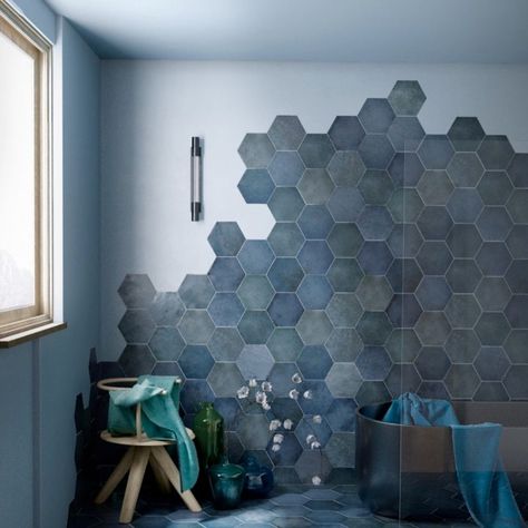 Tile Trends 2022 | Bathroom | Kitchen | Pool Hexagonal Tiles Bathroom, Bathroom Hexagon Tile, Hexagon Bathroom Tile, Bathroom Hexagon, Hexagon Tile Bathroom, Tile Trends, Bathroom Remodel Designs, Blue Bathroom, Bathroom Floor Tiles