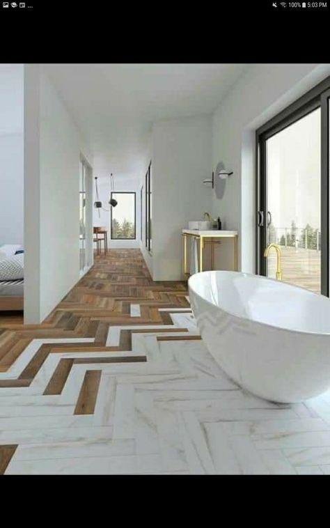 Floor Transition, Herringbone Wood Floor, Minimal Interior Design, Transitional Decor Kitchen, Herringbone Floor, Wooden Floor, Design Studios, Minimalism Interior, Bathroom Designs