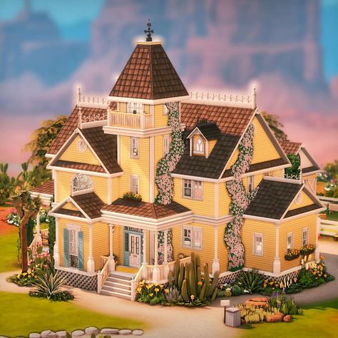 Simmary | #EAPartner | 💛 Not So Berry Yellow Victorian A family home in Strangerville for gen 3 of Not So Berry! 🚀🌻 I made sure to include bedrooms… | Instagram Sims 4 Yellow House, Strangerville House Sims 4, Sims 4 Packs, Sims Room, Ts4 Builds, Sims Inspiration, 70s House, Sims Builds, The Sims 4 Packs