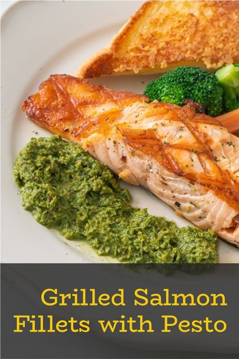 Grilled salmon fillets with pesto. Looking for a quick, healthy meal idea? Try this grilled salmon with pesto. #turbooven #halogenoven #oven #salmon #fish #seafood #dinner #healthy #homemade Grilled Pesto Salmon Recipes, Salmon With Pesto, Pesto Salmon Recipe, Almond Crusted Salmon, Oven Salmon, Pepper Gravy, Lemon Garlic Salmon, Chicken Lollipops, Pesto Salmon