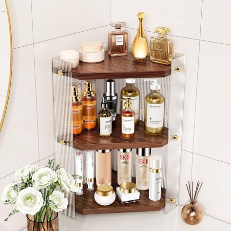 PRICES MAY VARY. ✨【3- Tier Large Capacity】: EnjoyNest bathroom corner shelf saves 80% of your countertop space with 6.3 inch shelf gap, ideal for storing perfume, lipstick, nail polish, blush, eyeshadow, foundation, makeup powder, brushes, skincare products, and more. ✨【Special Corner Design】: The corner bathroom organizer is different from other bathroom storage, the unique 90-degree corner design is purpose-built to maximize corner space efficiency, it can perfectly use usually underused bathr Corner Soap Shelf, Bathroom Cube Storage, Top Of Vanity Organization, Floor Makeup Station, Bathroom Vanity Organization Countertops, Small Bathroom Counter Organization, Small Bathroom Counter, Bathroom Countertop Organization, Skincare Shelf