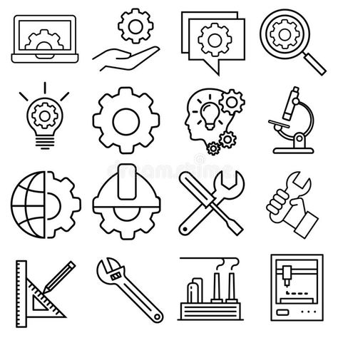 Engineering icon vector set. Manufacturing illustration sign collection. engineer symbol. technology logo. royalty free illustration Robotics Logo Design Ideas, Mechanical Engineering Symbols, Industrial Engineering Logo, Engineering Icon, Mechanical Engineering Logo, Engineering Symbols, Electrical Engineering Technology, Mobile Illustration, Logo Engineering