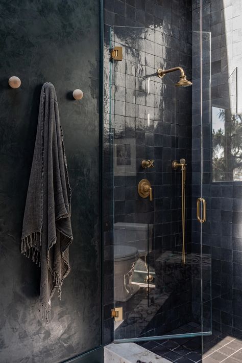 Black Zellige Bathroom, Black White And Brown Bathroom Master Bath, Black Zellige Tile Bathroom, Industrial Bathroom Tiles, Black Tile Shower Ideas Master Bath, Black Bathroom Tile Ideas, Black Wall Tile Bathroom, Tiles Shower Ideas, Black Tile Bathroom Wall