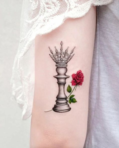 Queen Chess Piece Tattoo. - MELTBLOGS Queen Chess Piece Tattoo Design, Queen Piece Tattoo, Couples Chess Piece Tattoos, Queen Chess Tattoo, Queen Chess Piece Tattoo, Queen Tattoo For Women, Chess Tattoos, Piece Tattoo Ideas, Chest Piece Tattoo