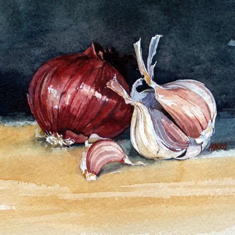 Onion Drawing, David Morris, Vegetable Painting, Watercolor Portrait Painting, Watercolor Fruit, Painting Demo, Food Painting, Watercolor Plants, Fruit Painting