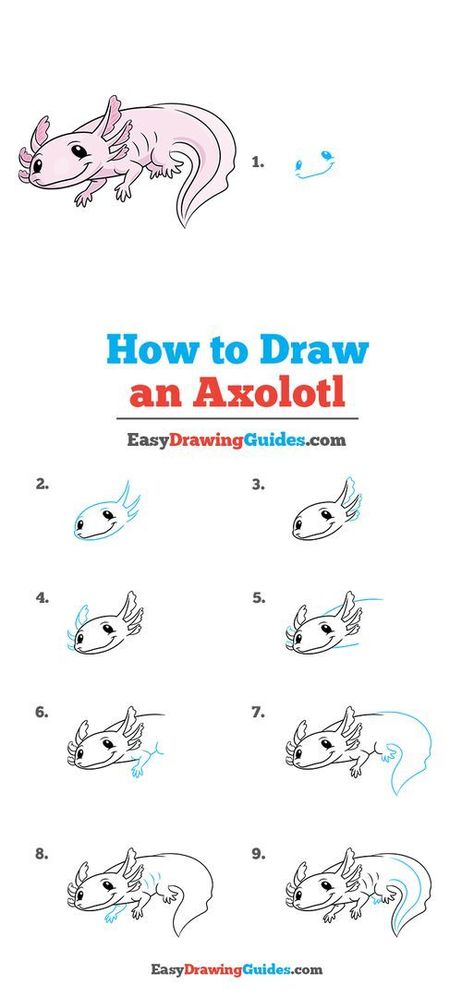 Learn to draw an Axolotl. This step-by-step tutorial makes it easy. Kids and beginners alike can now draw a great Axolotl. Axolotl Drawing Simple, Axolotl Crafts For Kids, Axolotl Drawings, Draw An Axolotl, Axolotl Drawing, Easy Dragon Drawings, Fantastical Creatures, Drawing Instructions, Draw Animals