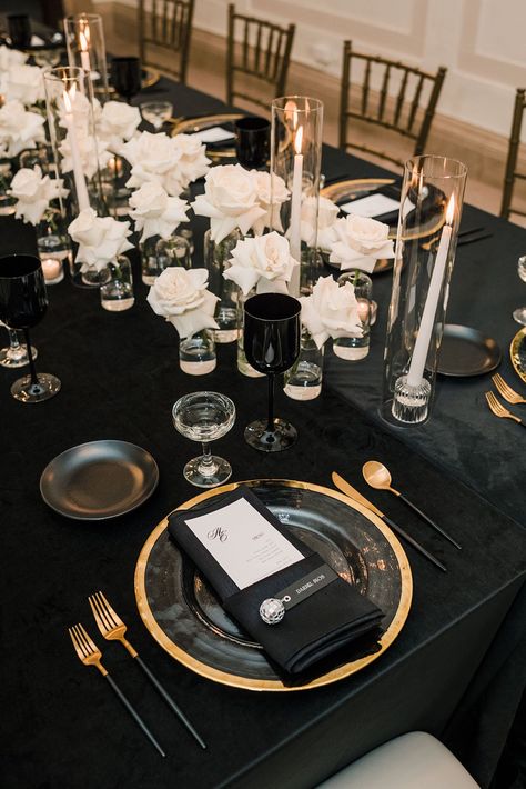 All Black Reception Decor, Speakeasy Table Decor, Speakeasy Reception, Speakeasy Wedding Reception, Black And Gold Table Decor, Speakeasy Wedding Theme, Black White Gold Birthday, Black Wedding Reception Decor, Speakeasy Wedding