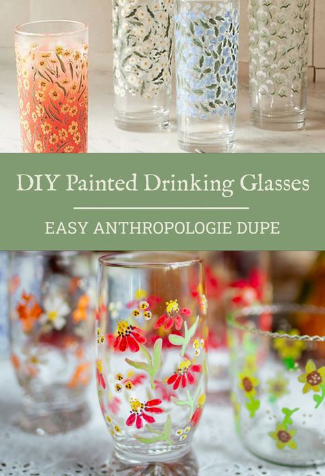 DIY Painted Drinking Glasses: Anthropologie Dupe Glass Votive Candle Holders Diy Crafts, Hand Painted Glasses Diy, Paint On Glass Cup, How To Paint Glassware, Painted Glass Cups Diy, Diy Painted Glasses, Paint Glass Cups, Painting On Glass Cups, Painted Glasses Ideas