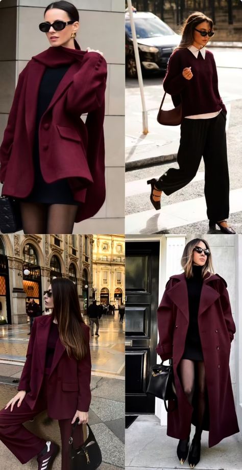 Maroon Trench Coat Outfit, Brown And Maroon Outfit, Outfit Bordeaux, Bordeaux Outfit, Burgundy Outfits, Fashion Winter Outfits, Spring Gingham, Maroon Outfit, Colors Combinations