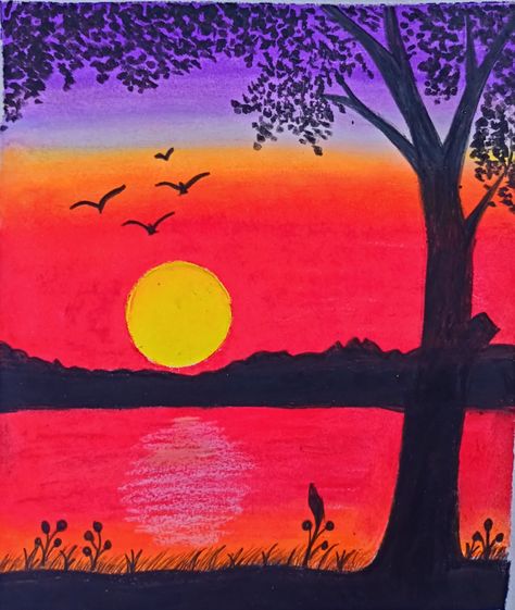 Sun Set Drawing Easy, Sun Set Drawing, Scenery Drawing With Oil Pastels, Drawing With Oil Pastels, Pastels Art, Cute Easy Paintings, Scenery Drawing, Oil Pastel Art, Sun Set