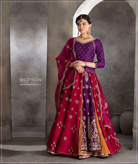 Anju Modi on Instagram: “Aparajita Lehenga Set Our Aparajita Lehenga set re-imagines traditional lehenga by artistically juxtaposing a slew of vivid kalis in one…” Purple Indian Outfit, Lehenga Color Combinations, Golden Lehenga, Traditional Lehenga, Red Combination, Haldi Dress, Ghaghra Choli, Dupatta Style, Designer Bridal Lehenga Choli