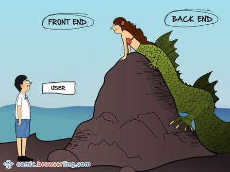 Front end vs. Back end. #comic #browserling #browsers #backend #frontend #fullstack #mermaid #monster #rock #sea #seamonster #ui #user #userexperience #userinterface #ux New web designer jokes every week! Visit comic.browserling.com for more. PS. We love our fellow Pinteresters. Use coupon code PINLING to get a discount at Browserling! Prototyping Tools, Web Design Quotes, Tech Girl, Backend Developer, Full Stack Developer, Good Communication Skills, User Experience Design, Web Developer, Responsive Web