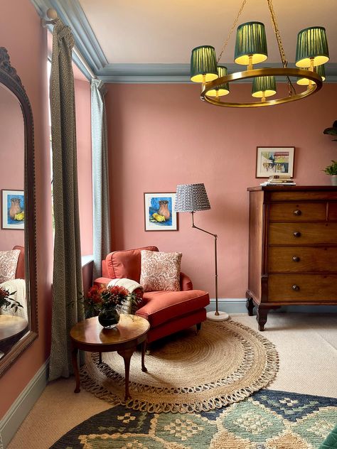 Chimney Breast Bedroom, Middleton Pink Bedroom, Sulking Room Pink Dressing Room, Coral Living Room, Dark Pink Room, Pink Georgian Bedroom, Moroccan Pink Walls, Pink Living Room Ideas, Color Drenching Interiors Pink