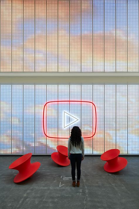 Medallions are painted and sealed into the concrete finish. Google Headquarters Interior, Bytedance Office, Youtube Headquarters, San Bruno California, Floor Medallion, Live Room, Acoustic Fabric, Lobby Interior Design, Office Lobby