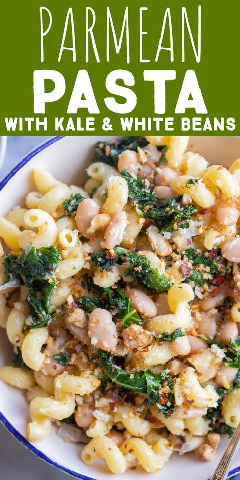 If you're looking for a cozy pasta recipe that's packed with veggies and protein, this Kale and White Bean Pasta with Parmesan is for you! This easy vegetarian dinner may look simple, but it's packed with flavor and great for a last minute weeknight dinner made with pantry staples. Enjoy with a side salad or garlic bread. #vegetarianpasta #easydinner #comfortfood #kalepasta Kale And Noodles Recipes, Pasta And White Beans, White Bean Dinner Recipes, White Bean Pasta Recipe, Pasta Meal Prep Vegetarian, Pasta With Butter Beans, Kale With Pasta Recipes, White Bean And Pasta Recipes, Kale Alfredo Pasta