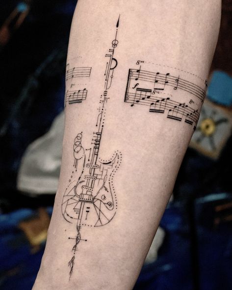 Guitar Back Tattoo, Cool Guitar Tattoos, Guitar Tatoos Ideas, Stratocaster Tattoo, Guitarist Tattoo, Geometric Tattoo Music, Music Guitar Tattoo, Philosophy Tattoos, Hand Holding Tattoo