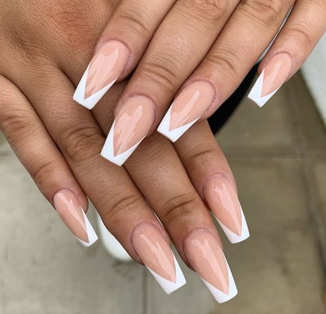 Triangle French Tip Nails Coffin, French Nails Triangle, V Cut French Tip Nails, Triangle French Tip Nails, V French Tip Nails, Triangle Nails, Cut Nails, Gel Nails French, Engagement Nails