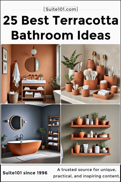 25 Terracotta Bathroom Ideas To Follow Terracotta Accent Wall Bathroom, Terracotta Red Bathroom, Terra Cotta Bathroom Decor, Terracotta Painted Bathroom, Terra Cotta Bathroom Ideas, Rust Bathroom Ideas, Earthy Bathroom Color Palette, Rust Bathroom Decor, Cavern Clay Bathroom