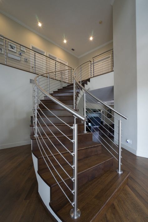 Stainless Steel Stair Railing, Stainless Steel Staircase, Luxury Stairs, Steel Railing Design, Glass Wall Systems, Straight Stairs, Modern Stair Railing, Staircase Railing Design, Handrail Design