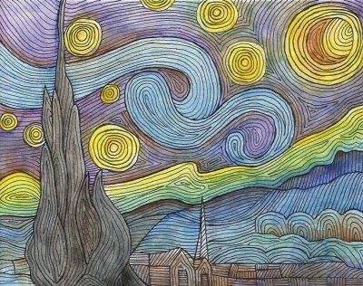 For my part I know nothing with any certainty, but the sight of the stars makes me dream.  --Vincent van Gogh   It was by sheer coincidenc... Line Art Projects, Contour Lines, Arte Van Gogh, Creation Art, Hawaiian Quilts, Easy Canvas Art, Van Gogh Art, Starry Night Van Gogh, Arte Sketchbook