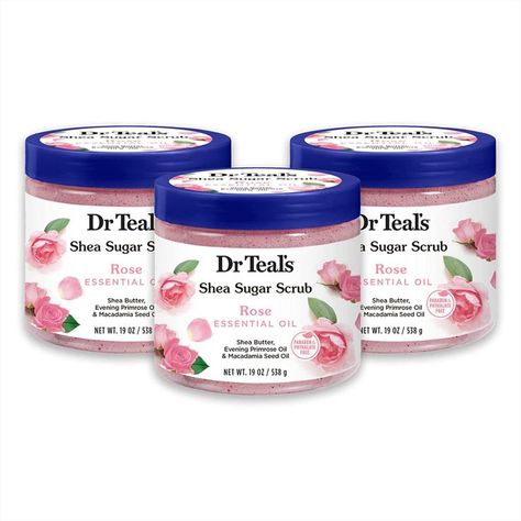 Dr Teal's Shea Sugar Body Scrub, Rose with Essential Oil, 19 oz (Pack of 3) Rose Body Scrub, Dr Teals, Best Body Scrub, Wet Skin, Sugar Body Scrub, Sugar Body, Macadamia Oil, Primrose Oil, Rose Essential Oil