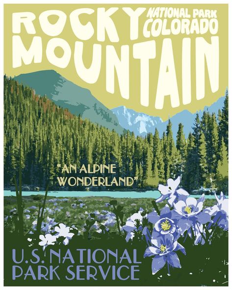 Rocky Mountain National Park Travel Poster Vintage National | Etsy Colorado Posters, Rocky Mountain National Park Colorado, Dorm Posters, Nature Posters, National Park Posters, National Parks Trip, Style Travel, Vintage Poster Art, Rocky Mountain National