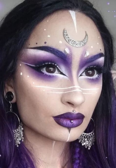 Glitter Witch Makeup Halloween, Purple Avant Garde Makeup, Mystic Witch Makeup, Fairy Witch Costume Diy, Nice Witch Makeup, Sorcerer Makeup Halloween, Simple Witch Makeup Purple, Purple Goddess Makeup, Purple Black Witch Makeup