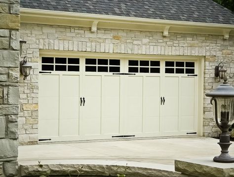 A beautiful Haas door with black windows and hardware. The cream colored door has a timeless appeal. Haas Garage Doors, Fiberglass Garage Doors, Garage Door Update, Garage Door Decorative Hardware, Beautiful Garage, Door Update, Side Hinged Garage Doors, Black Garage Doors, Farmhouse Lights