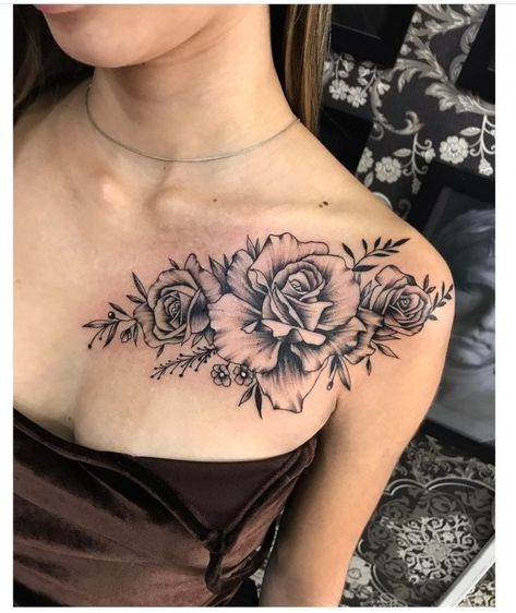 Tattoo Cover Up Ideas For Women Collar Bone, Rose Tattoo Collar Bone Shoulder, Big Collar Bone Tattoos For Women, Big Collar Bone Tattoo, Collarbone Cover Up Tattoo, Collar Bone Tattoo Cover Up, Rose Chest Tattoos Female, Collar Bone Cover Up Tattoo, Collarbone Flower Tattoo