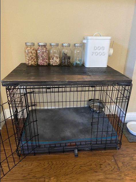 Dog Crate In Bedroom, Dog Crate Ideas, Dog Crate Table, Crate End Tables, Kennel Cover, Dog Kennel Cover, Dog Kennel Furniture, Crate Table, Ugly Dogs