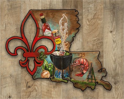 Louisiana Bayou Pride - by Stacey Casso This is a giclée paper print of the shape of Louisiana with a Fleur de Lis cutout outlined in black with a shrimp boil scene painted with a wooden background.   It is available in various sizes. This listing is of a paper print only.  *Please note that the size of the art prints may vary slightly. We strive to provide the most accurate information possible regarding the dimensions of our prints, but please allow for a small margin of error. We appreciate your understanding and assure you that any deviations in size are minimal and do not affect the overall quality or visual appeal of our products. Louisiana Christmas Art, Thistle Quilt Pattern, Louisiana Art Prints, Louisiana Shrimp, Acadian Homes, Louisiana Decor, Louisiana Christmas, Louisiana Culture, Louisiana Bayou