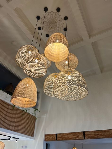 Ceiling Hanging Decor, Bohemian Light Fixtures, Hamging Basket Lights, Rattan Lamps, Moroccan Water Drop Wicker Chandelier, Rattan Pendant Lights, Beach House Lighting, Bamboo Weave Chandelier, Open Weave Rattan Chandelier