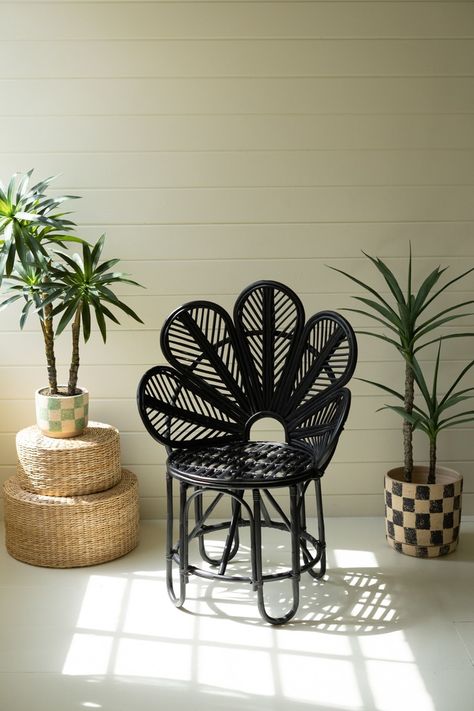 black flower cane chair Rattan Peacock Chair, Bamboo Lighting, Lint Free Cloth, Windmill Decor, Recycled Home Decor, Exterior Ceiling Fans, Southern Design, Bamboo Chair, Rustic Mirrors