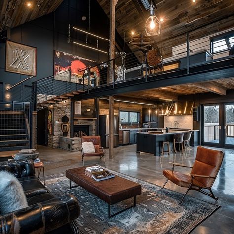 Barndominium Interiors | A Complete Guide (with Pictures) – BarndoModern Barnhouse Homes, Motorcycle Room, Dröm Hus Planer, Hangar House, Dream Barndominium, Industrial Style Living Room, Industrial Loft Design, Barndominium Interior, Warehouse Living