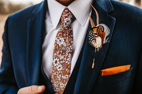 Orange Pocket Square, Fall Wedding Suits, Feather Boutonniere, Burnt Orange Wedding, Wedding Groomsmen Attire, Groom And Groomsmen Suits, Groomsmen Looks, Tie Ideas, Burnt Orange Weddings