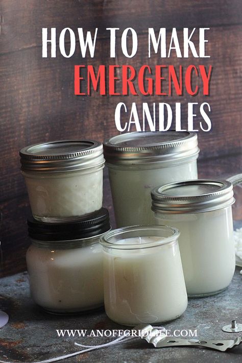 How to Make DIY Emergency Candles text overlay on image of making candles in mason jars. Emergency Candle Kit, Diy Emergency Candles, Wax Crafts, Survival Candle, Make Soy Candles, Homemade Candle Recipes, Candle Making Tutorial, Emergency Candles, Lace Candles