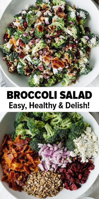 This delicious broccoli salad is a combination of broccoli, bacon, red onion, cranberries, sunflower seeds and goat cheese. It's an easy, low-carb, healthy broccoli salad recipe. #broccolisalad #broccolisaladrecipe Best Broccoli Salad Recipe, Healthy Broccoli Salad, Broccoli Bacon, Delicious Broccoli, Resep Salad, Broccoli Salad Recipe, Resep Diet, Cheese Salad, Macaroni Salad