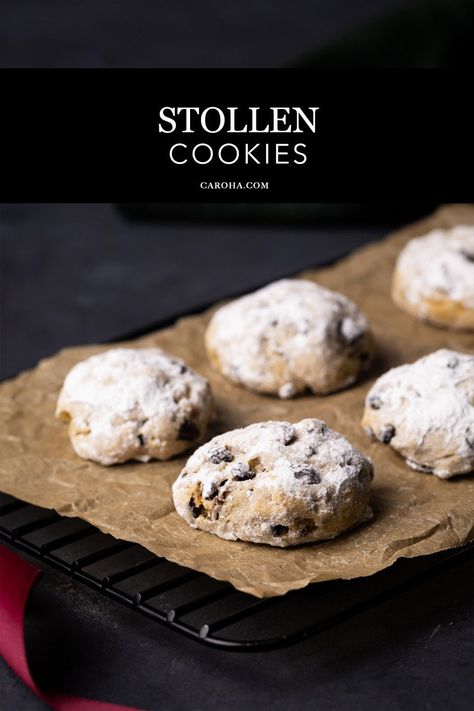 German Christmas stollen cookies on a baking tray. Stollen Cookies Recipe, Stollen Bites Recipe, Traditional German Christmas Cookies, Austrian Christmas Cookies, Scandinavian Christmas Cookies, Stollen Cookies, Stollen Bites, Dried Fruit Cookies, German Stollen