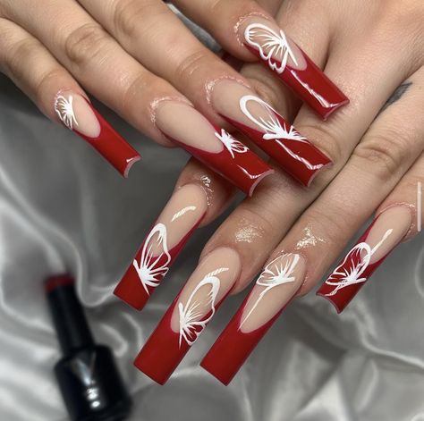 Staleto Nails Acrylic, Staleto Nails, Pink Nails With Flowers, Nail Ideas Red, Red French Nails, Nessa Nails, Nails With Flowers, Red French, Cute Acrylic Nail Designs