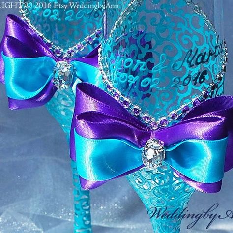 Peacock Colored Wedding, Blue And Purple Wedding, Purple Turquoise Wedding, Hand Painted Champagne Flutes, Purple Wedding Cake, Wedding Cake Server Set, Blue Wedding Rings, Wedding Cake Servings, Peacock Wedding Theme