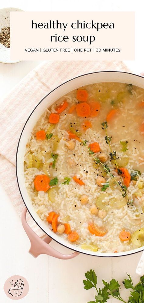 Nutritious Vegan Meals, Vegan Rice Meals, Chickpea Veggie Soup, Chickpea Rice Soup, Chickpea And Rice Soup, Vegetarian Rice Soup Recipes, Vegan Meals When Sick, Vegetarian Rice Soup, Chickpeas And Rice Recipe