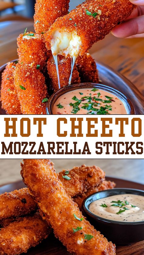 Gooey Cheesy Appetizers: Hot Cheeto Mozzarella Sticks Chillis Mozerella Sticks, High Snacks Munchies Easy, Hot Cheetos Mozzarella Sticks, Cheeto Mozzarella Sticks, Hot Cheeto Mozzarella Sticks, Jalapeno Cheetos, Cheesy Appetizers, Cheesy Snacks, Cheesy Bites